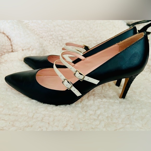 🎉HP🥳 Kate Spade Elpetha Heels in Black w/ Black Sparkle Heel & Cream Dbl Strap - Picture 3 of 16